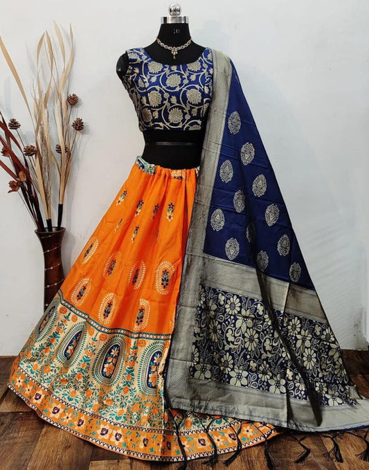 Orange & Blue Coloured Designer Banarasi Lehenga Choli with Dupatta!!