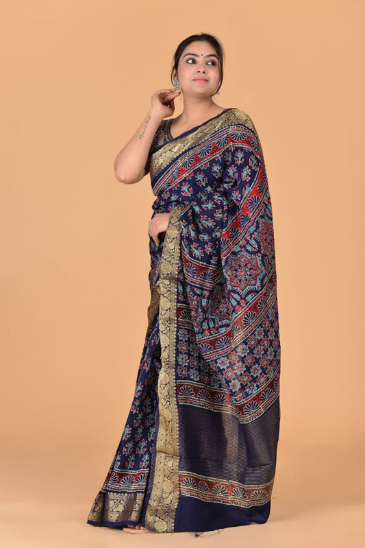 Navy Blue & Multi Coloured Hand Block Printed Silk border Chit Pallu Women Designer Party wear Cotton Silk Saree with Zari Blouse!!