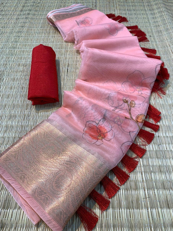 Pink & Multi Coloured Pure Organza Silk with Pichwai print with Sequence Chitt Pallu with 5 inch Gold Weaved Border Women Party wear Silk Saree with Blouse!!