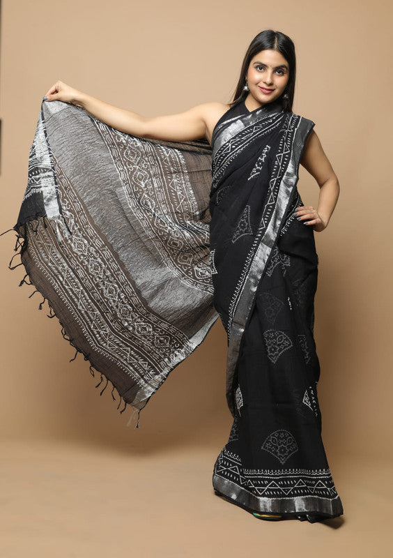 Black Coloured Linen Hand Block Print Saree with Linen Blouse!!