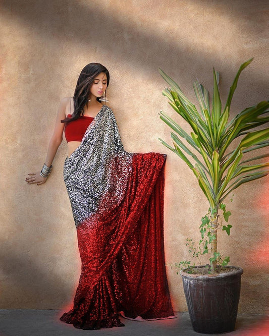 Red Coloured Premium Georgette with Sequence Embroidery Work Women Party wear Designer Georgette Saree with Blouse!!