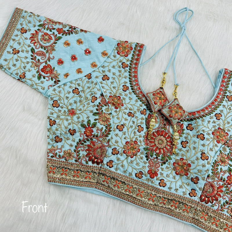 Sky Blue Pure Silk Heavy Embroidery + Real Zarkan Diamond Work Wedding Readymade Blouse!!