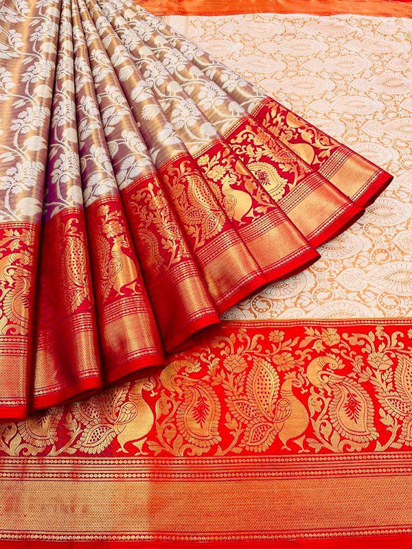 Cream & Red Coloured Banarasi Handloom Pattu Heavy Multi Zari Women Party wear Designer Tissue Silk Saree with Blouse!!