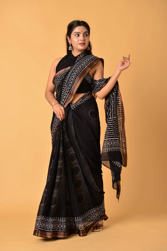 Black & Multi Coloured Pure Cotton with Beautiful Hand Block Printed Women Party/Daily wear Designer Cotton Saree with Blouse!!