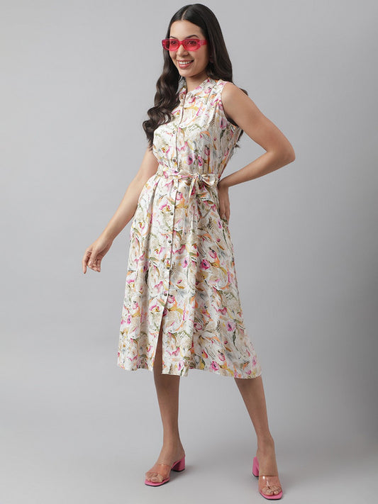 Cream Coloured Pure Cotton Floral Print A-Line Shirt collar Sleeveless Women Party/Daily wear Western Midi Dress!!