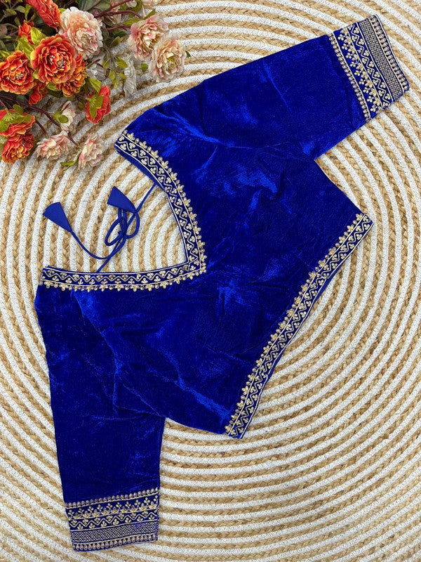 Blue Coloured Premium Pure Velvet Heavy Embroidery & Handwork Woman Ready made Designer Bridal Blouse- Free Size Up to 38 Inch!!