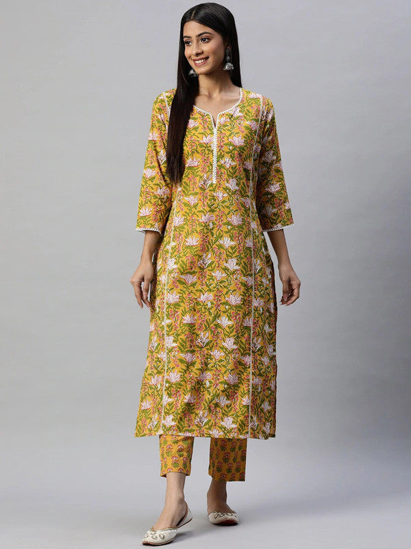 Mustard Yellow & Multi Coloured Pure Cotton Floral Printed Thread Work Straight shape Round neck 3/4Sleeves Women Designer Party/Daily wear Kurti with Trousers!!
