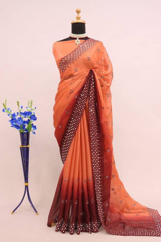 Peach & Maroon Coloured Shimmer Padding & Embroidery with original mirror work Women Designer Party wear Fancy Saree with Blouse!!