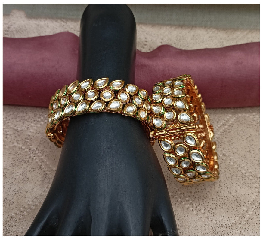 Gold & White Coloured Pure Brass Real Kundan Gold Plating Women Designer Set of 2 Openable Kada Bangles!!