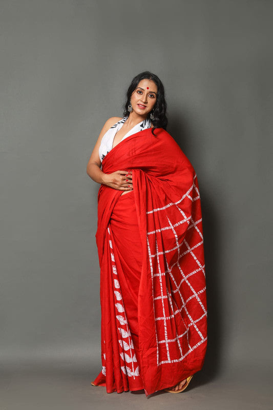 Red & White Coloured Beautiful Hand Block printed Women Daily/Party wear Pure Mul Cotton Saree with Blouse!!