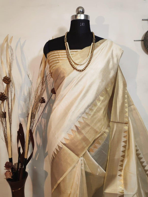 Cream & Gold Coloured Aasam Silk Weaving saree with Zari woven Temple Border Women Designer Party wear Silk Saree with Blouse!!