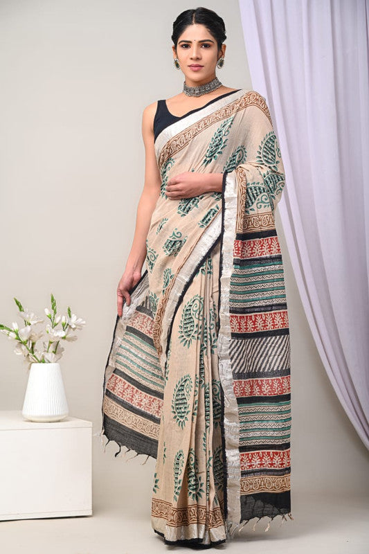 Beige & Multi Coloured Linen Cotton Beautiful Hand Block printed Women Daily/Party wear Saree with Blouse!!