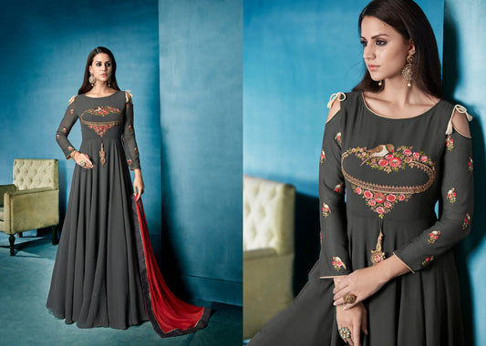 Dark Grey Coloured Lichi Gorgert with Beautiful Embroidery work Women Designer Party wear Gown Kurti with Bottom & Dupatta!!