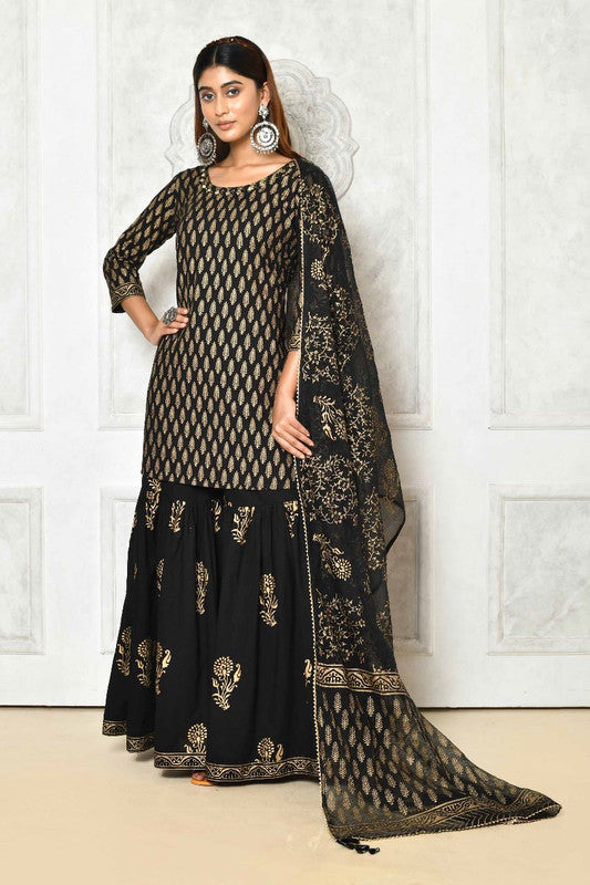 Black & Gold Coloured Pure Cotton Ethnic Motifs Printed Mirror Work Straight Shape Women Designer Party/Daily wear Kurti with Sharara & Dupatta!!