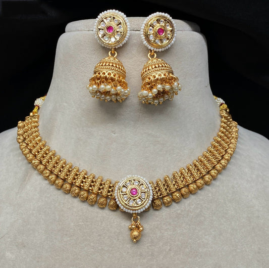 Gold & White Coloured Pure Copper with Rajwadi Plating Women Designer Necklace with Jhumka Earrings!!
