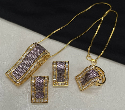 Purple Coloured Beautiful American Diamonds Women Designer Gold Plating Long Jewelry Pendant set with Earrings & Finger Ring!!