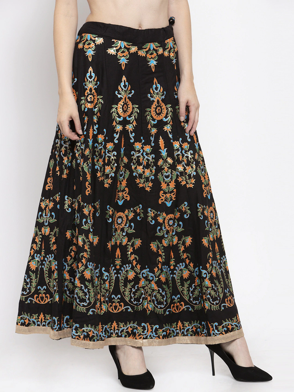 Multi Print Black coloured Rayon Skirt Free Size( 28 to 40 Inch)!!