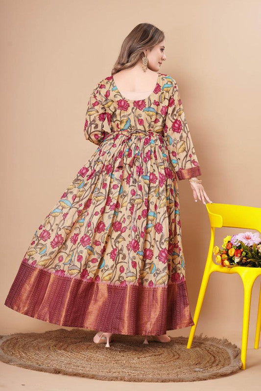 Beige & Pink Coloured Soft Cotton with Copper Border & Weaving Kalamkari Prints Women Ready to Wear Designer Party wear  Gown Kurti!!