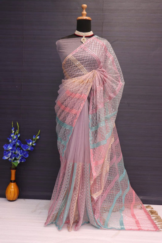 Pink & Multi Coloured Heavy Butterfly Net with Multy Colour Thread And Sequence Embroidery Work Women Designer Party wear Fancy Net Saree with Blouse!!