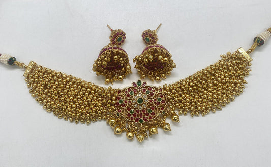 Gold Coloured Pure Brass Real Kundan Gold Plating with Pearls Women Temple Design Necklace set with Jhumka earrings!!