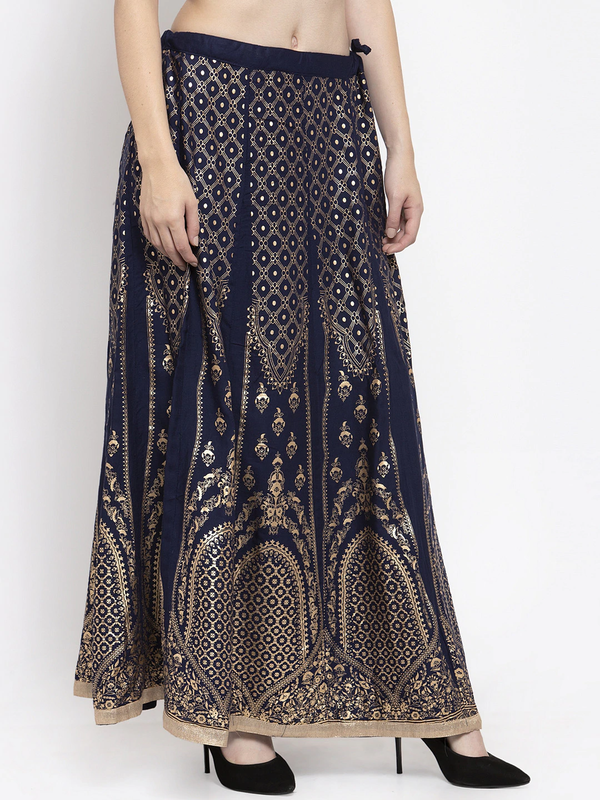 Gold Print Navy Blue coloured Rayon Skirt Free Size( 28 to 40 Inch)!!