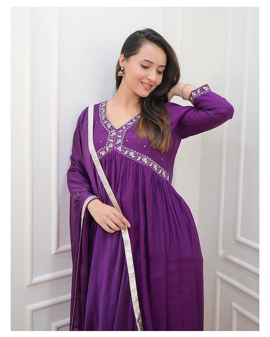 Purple Coloured Premium Rayon with Embroidery & Lace Work Women Designer Party wear Alia Cut Kurti with Pant & Dupatta!!