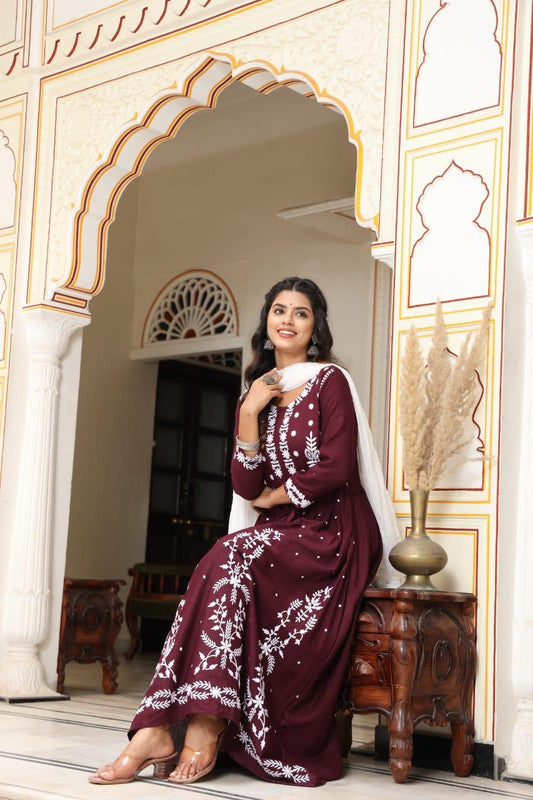 Wine Rayon Chickankari Anarkali Kurti with Bottom & Dupatta!!