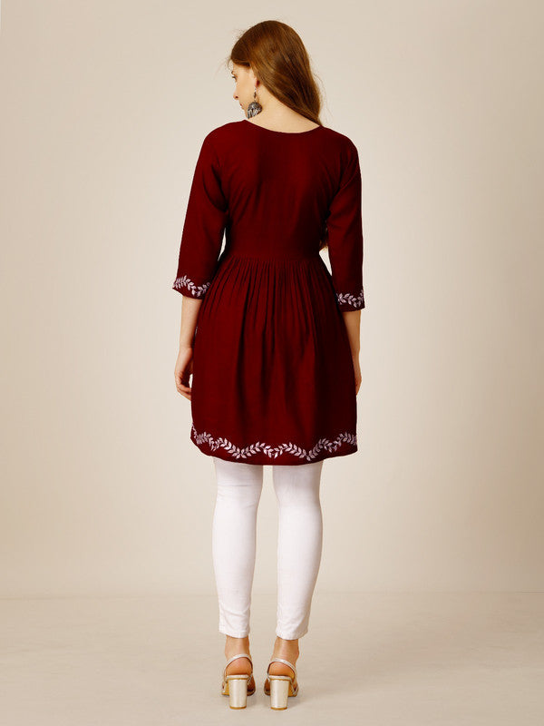 Marron Coloured Premium Rayon with Embroidery & Sequence Work Round Neck 3/4 Sleeves work Women Party/Daily wear Western Top!!