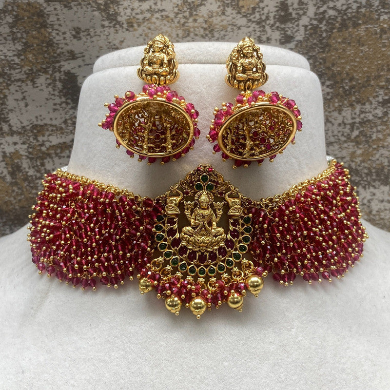 Gold & Maroon Coloured Pure Brass Real Kundan Gold Plating with Pearls Women Lakshmi & Elephant Design Choker set with Jhumka earrings!!