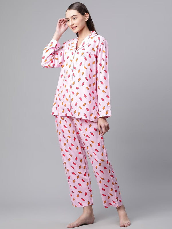 Pink Viscose Rayon Printed Lapel collar Long sleeves Night suit!!