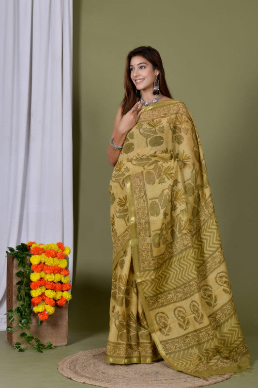 Natural Hand Block Printed Ajrakh Chanderi Cotton Silk Saree!!