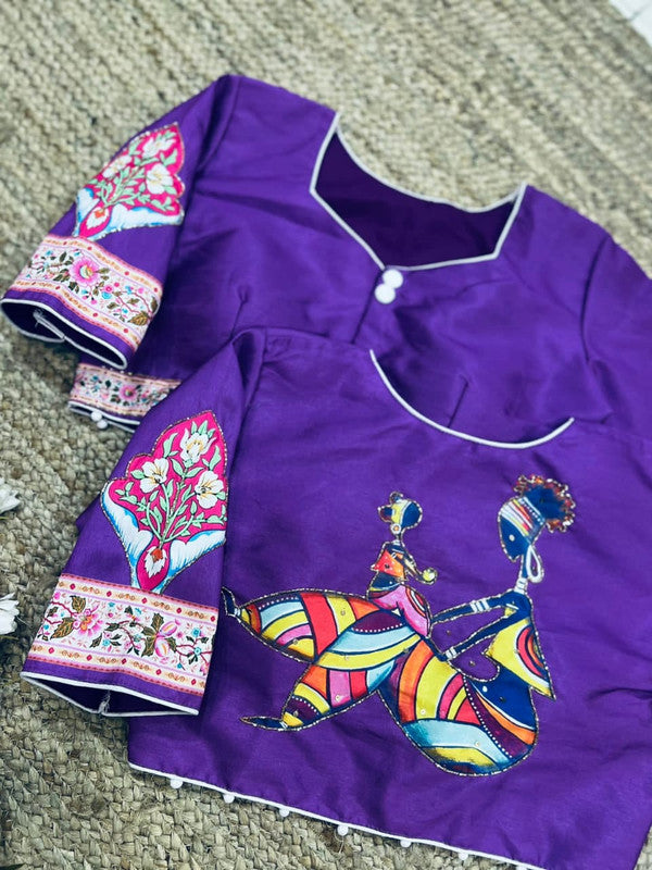 Purple & Multi Coloured Pure Silk with Hand work Woman Ready made Designer Botique Navaratri Dandiya Style Blouse- Free Size Up to 42 Inch!!