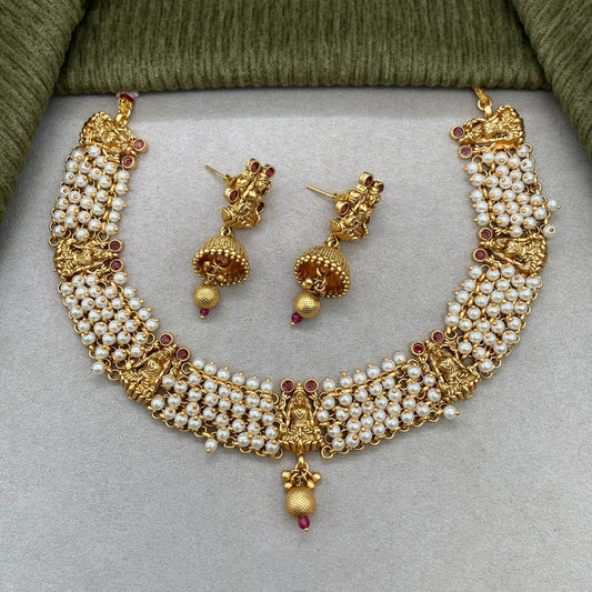 Beautiful Gold & White Coloured Premium Quality Pure Copper Gold & Rajwadi Plating Lakshmi Necklace set with Earrings for Women!!