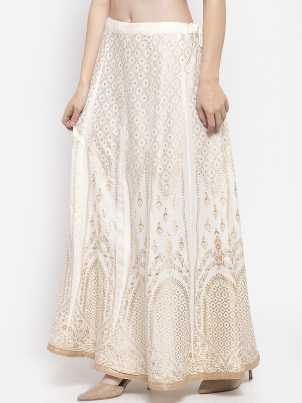 Gold Print White coloured Rayon Skirt Free Size( 28 to 40 Inch)!!
