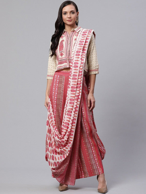 Peach Coloured Pure Cotton Ethnic motifs printed Shirt collar Women Designer Party wear Straight shape Top with Palazzos & Dupatta!!