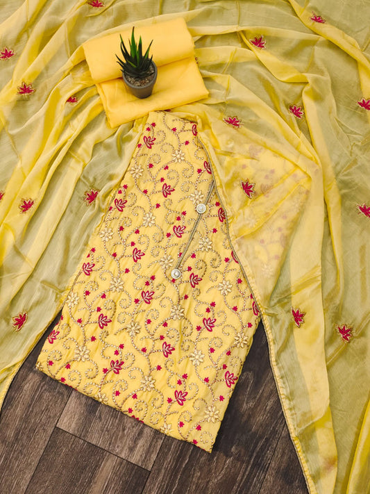 Yellow Coloured Exclusive Muslin Cotton Embroidery Dress Material Suit!!