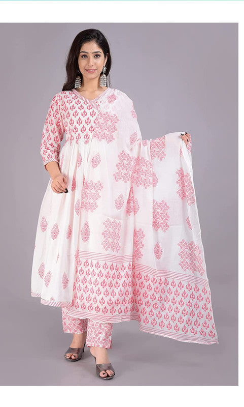 Pink & White Coloured Premium Rayon Block Printed Angrakha style Women Designer Party wear side latkan Kurti with Pant  Dupatta!!