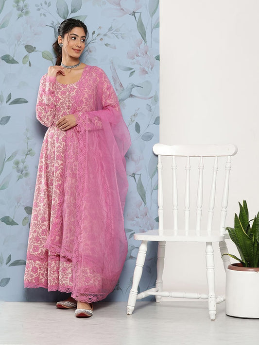 Pink Cotton Floral printed A-line shape Kurta with Trousers & Dupatta!!