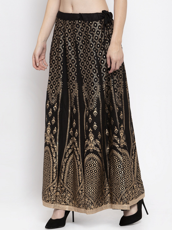 Gold Print Black coloured Rayon Skirt Free Size( 28 to 40 Inch)!!