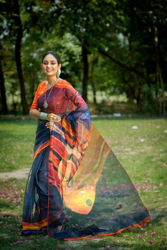 Orange & Blue Coloured Pure Soft Oranza Silk with stylish Print & Fancy Border Women Party wear Oranza Silk Saree with Blouse!!