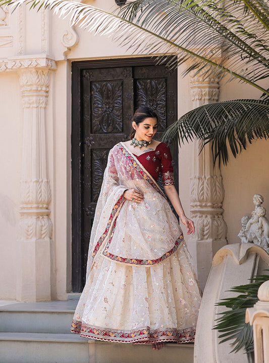 Cream & Maroon Coloured Organza with Thread Embroidery work with lace border Woman Wedding Designer Party wear  Lehenga Choli with Dupatta!!