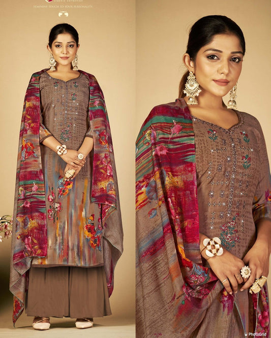 Brown Coloured Premium Soft Cotton Printed Embroidery Work & Swarovski work Top with Plazzo & Dupatta Set!!