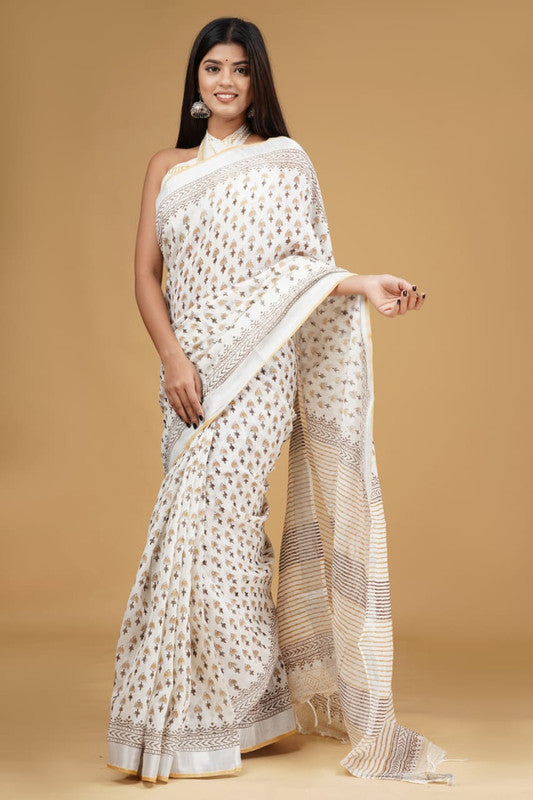 LINEN HAND BLOCK PRINT SAREE