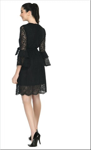 Black Women Fit and Flare Lace Fabric Dres FREE SIZE( Up to L 38 size)