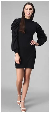 Black Puff Sleeve Rib Fabric Bodycon Dress Free Size Up to 38inch