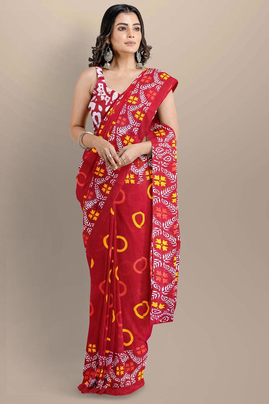 Red & Multi Coloured Premium Mul Mul Cotton Beautiful Hand Block printed Women Daily/Party wear Saree with Blouse!!