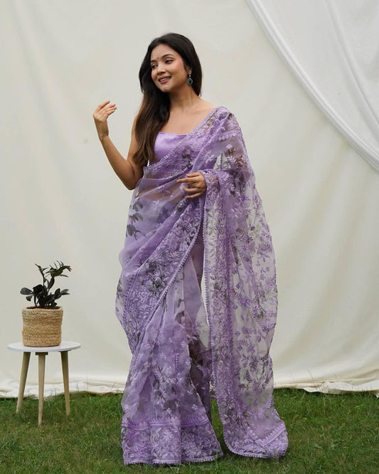 Purple & Multi Coloured with Lucknowi Thread Chikankari Work Women Designer Party wear Organza Silk Fancy Saree with Blouse!!