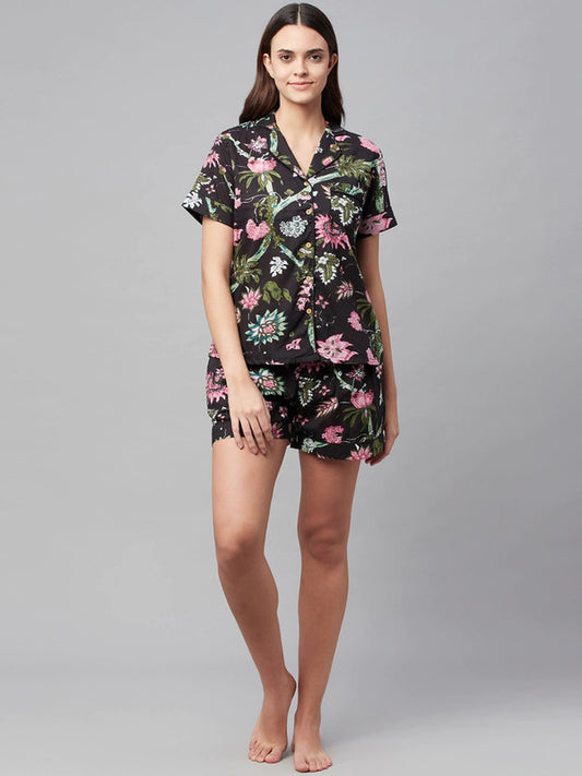 Women Black & Green Printed  Night suit