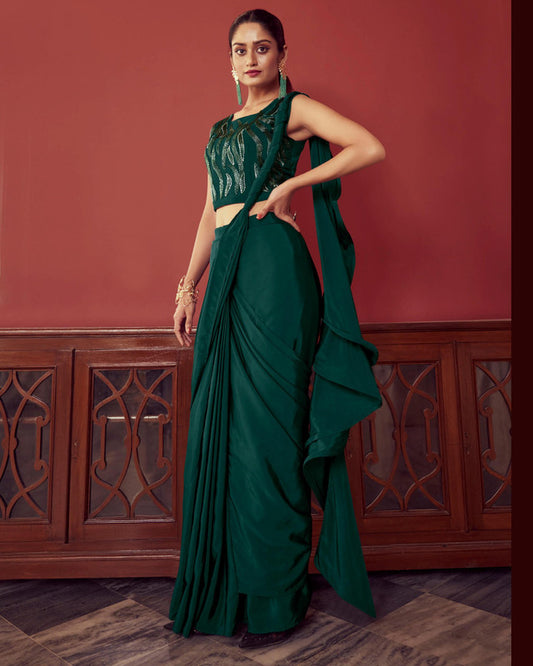 Green Coloured Premium Georgette with Sequence work Women Party wear Designer Ruffle Ready to wear Fancy Saree with Blouse!!