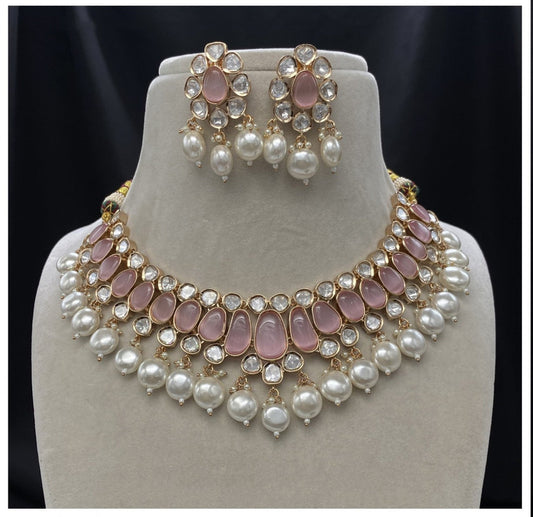 Gold & Pink Coloured Pure Brass with Real Kundan & Pearls Women One Gram Gold Designer Necklace with Earrings!!